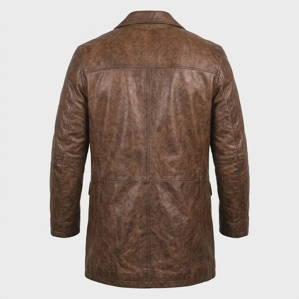 Men's Distressed Brown Leather Long Coat Vintage Western Celebrity Style - image 5