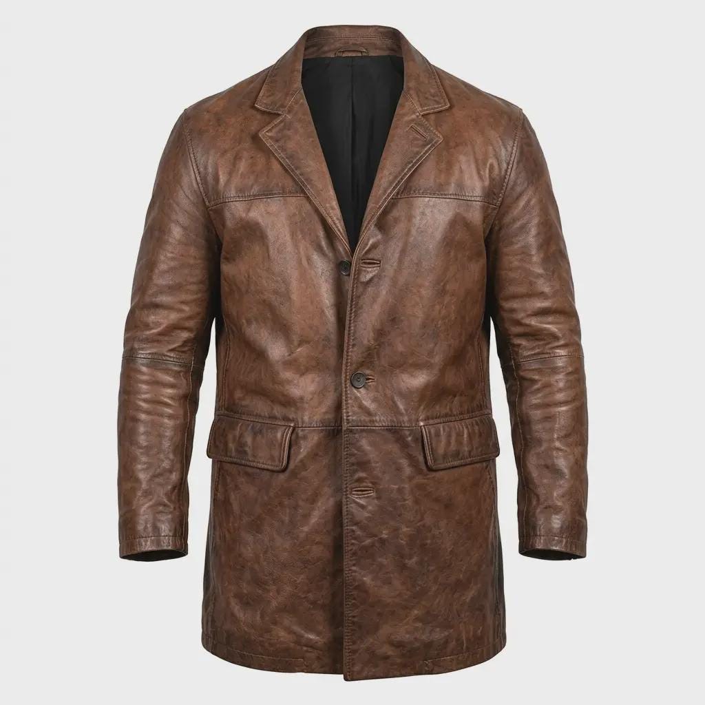 Men's Distressed Brown Leather Long Coat Vintage Western Celebrity Style