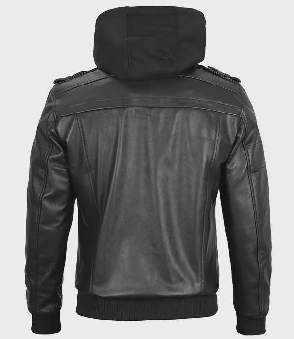 Men's Black Bomber Leather Jacket with Removable Hood
