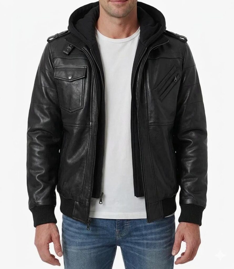 Men's Black Bomber Leather Jacket with Removable Hood