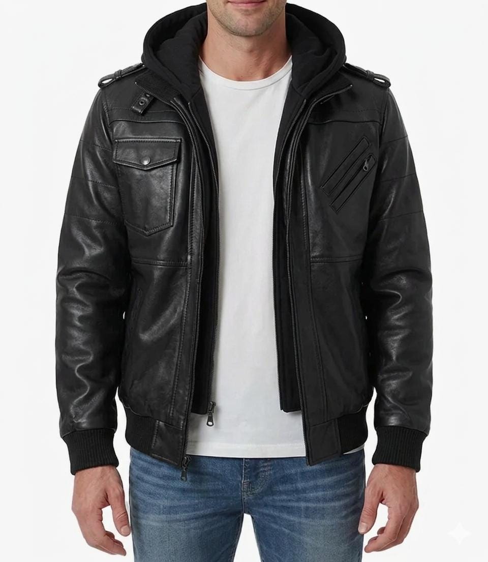 Men's Black Bomber Leather Jacket with Removable Hood