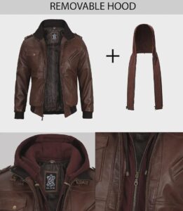 Men's Brown Bomber Leather Jacket with Removable Hood