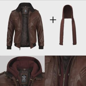 Men’s Brown Bomber Leather Jacket with Removable Hood