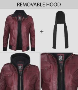 Men's Burgundy Bomber Leather Jacket with Removable Hood
