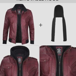 Men’s Burgundy Bomber Leather Jacket with Removable Hood