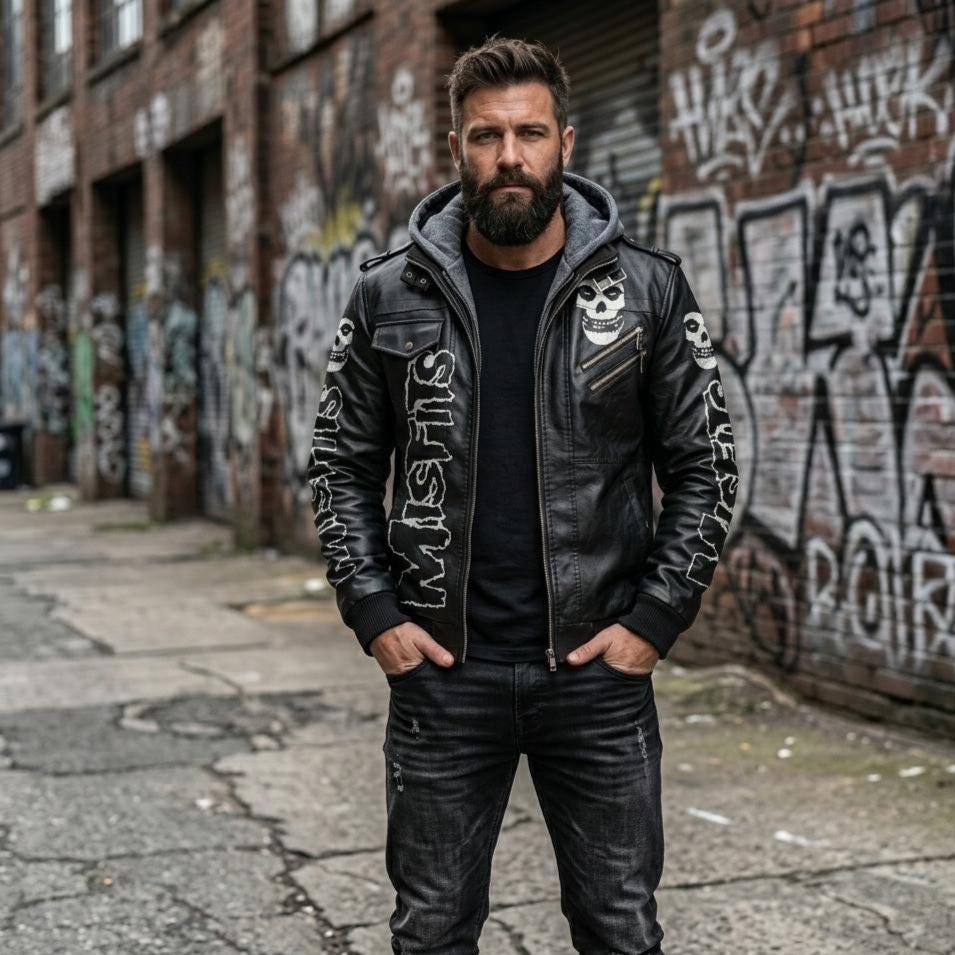 Men’s Misfits Black Leather Jacket with Hood