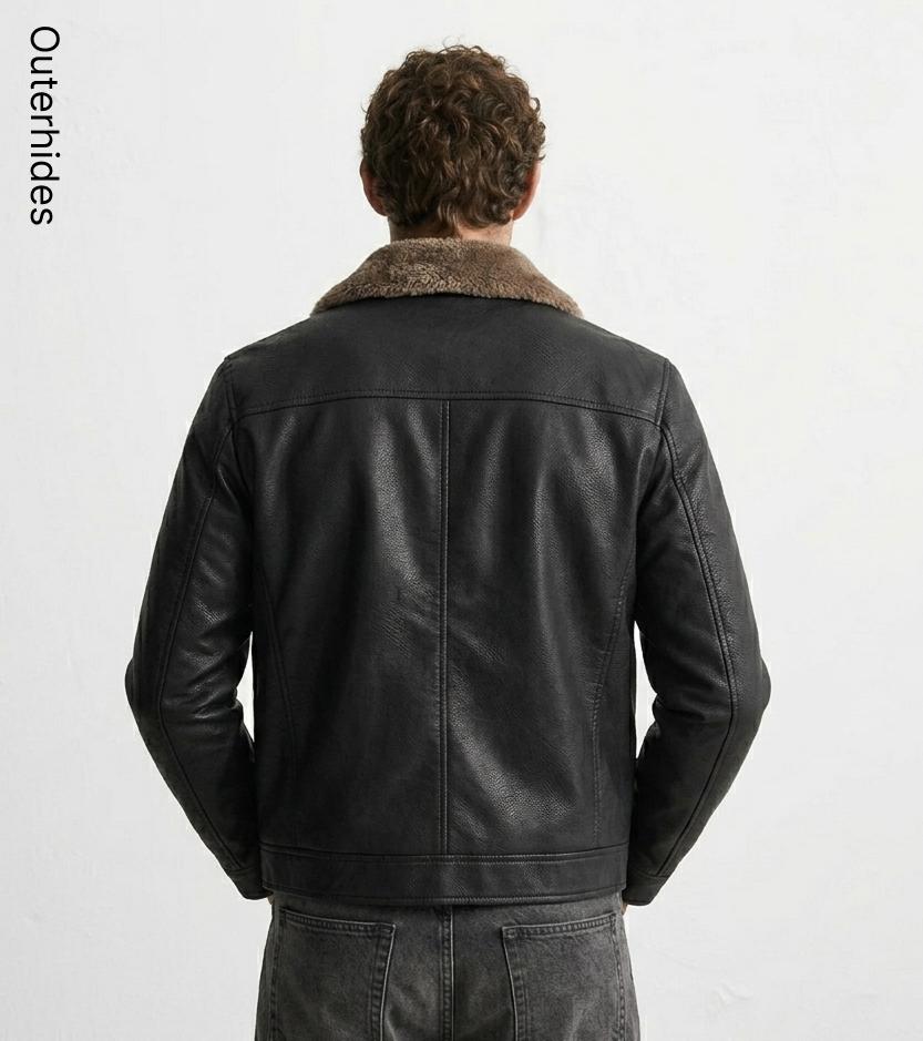 Men's Faux Leather Aviator Jacket – Sherpa Lined Bomber, Distressed PU Winter Coat - Image 2