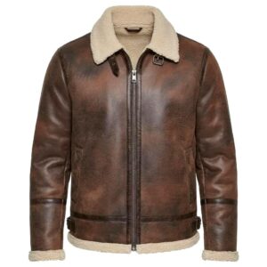 Distressed Brown Leather Aviator Jacket | Genuine Shearling Collar Bomber Coat