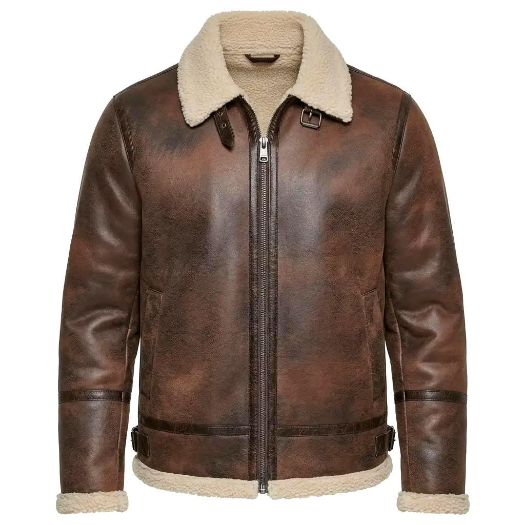 Distressed Brown Leather Aviator Jacket | Genuine Shearling Collar Bomber Coat - image 2