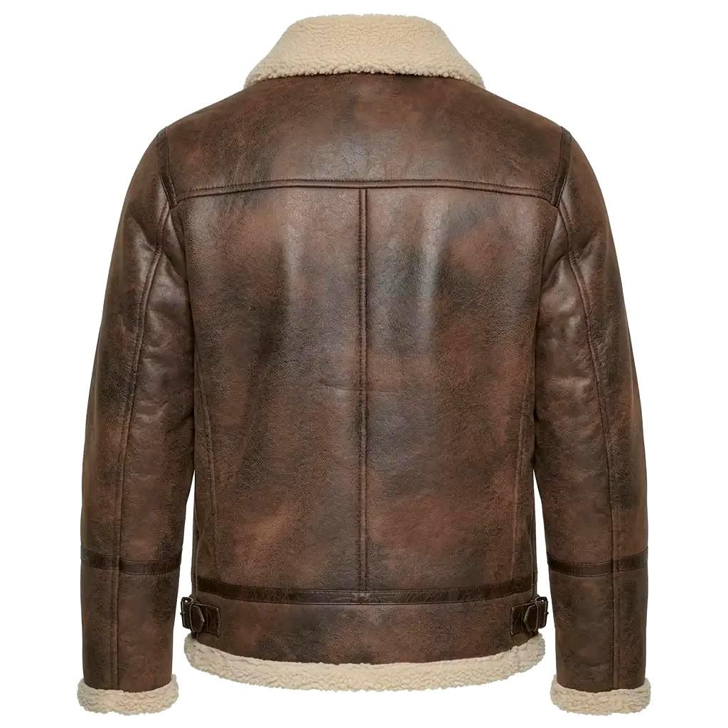 Distressed Brown Leather Aviator Jacket | Genuine Shearling Collar Bomber Coat - image 3