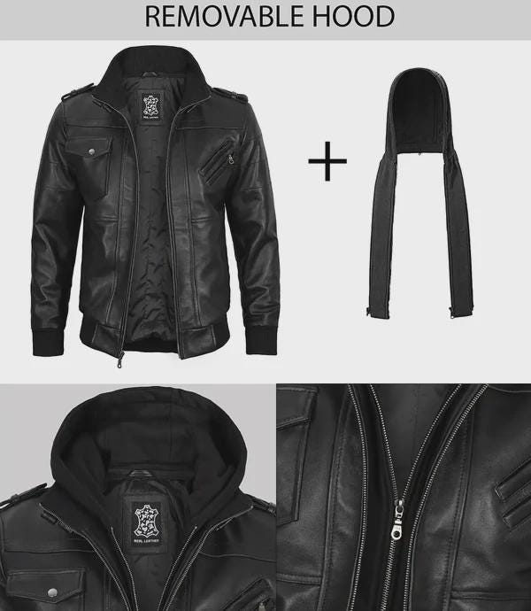 Men's Black Bomber Leather Jacket with Removable Hood