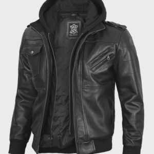 Men’s Black Bomber Leather Jacket with Removable Hood