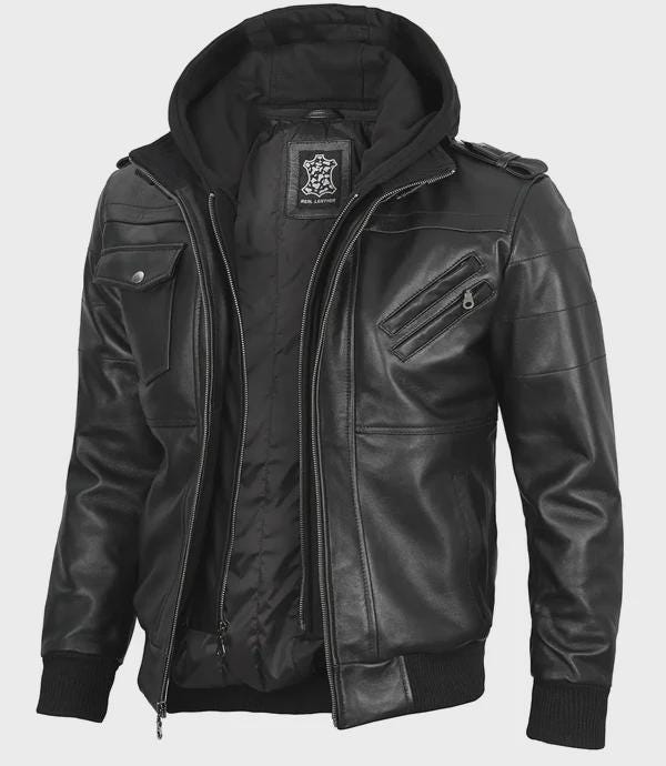 Men's Black Bomber Leather Jacket with Removable Hood