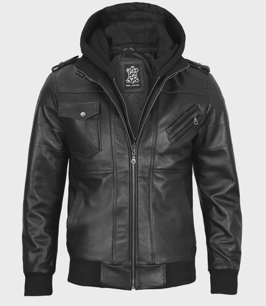Men's Black Bomber Leather Jacket with Removable Hood