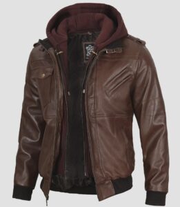 Men's Brown Bomber Leather Jacket with Removable Hood