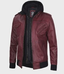 Men's Burgundy Bomber Leather Jacket with Removable Hood