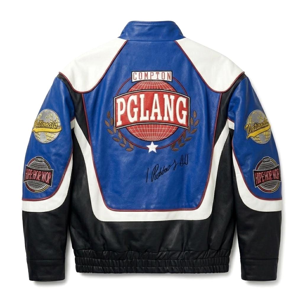 Men's Blue Leather Racing Jacket | Tri-Color Embroidered Bomber | Varsity Streetwear Jacket | Gift for Him - Image 3
