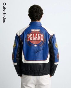 Men's Blue Leather Racing Jacket | Tri-Color Embroidered Bomber | Varsity Streetwear Jacket | Gift for Him