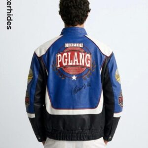 Men’s Blue Leather Racing Jacket | Tri-Color Embroidered Bomber | Varsity Streetwear Jacket | Gift for Him