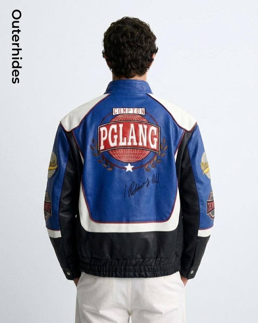 Men's Blue Leather Racing Jacket | Tri-Color Embroidered Bomber | Varsity Streetwear Jacket | Gift for Him - Image 2