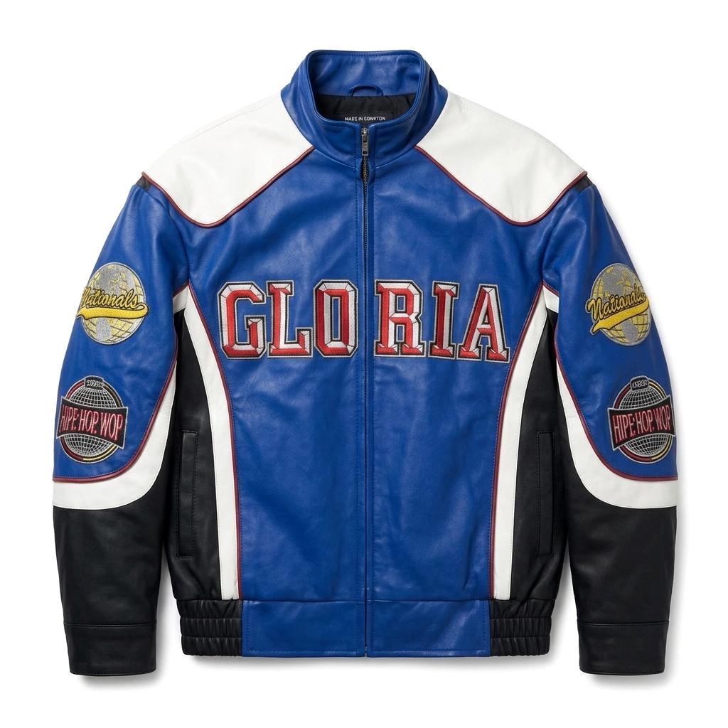 Men's Blue Leather Racing Jacket | Tri-Color Embroidered Bomber | Varsity Streetwear Jacket | Gift for Him - Image 4