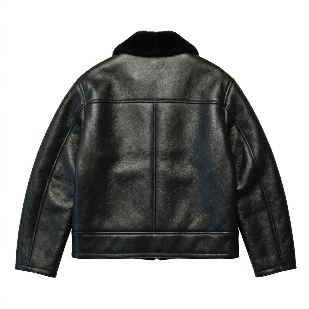 Men's Black Faux Leather Aviator Jacket | Sherpa Lined Bomber Coat - Image 4