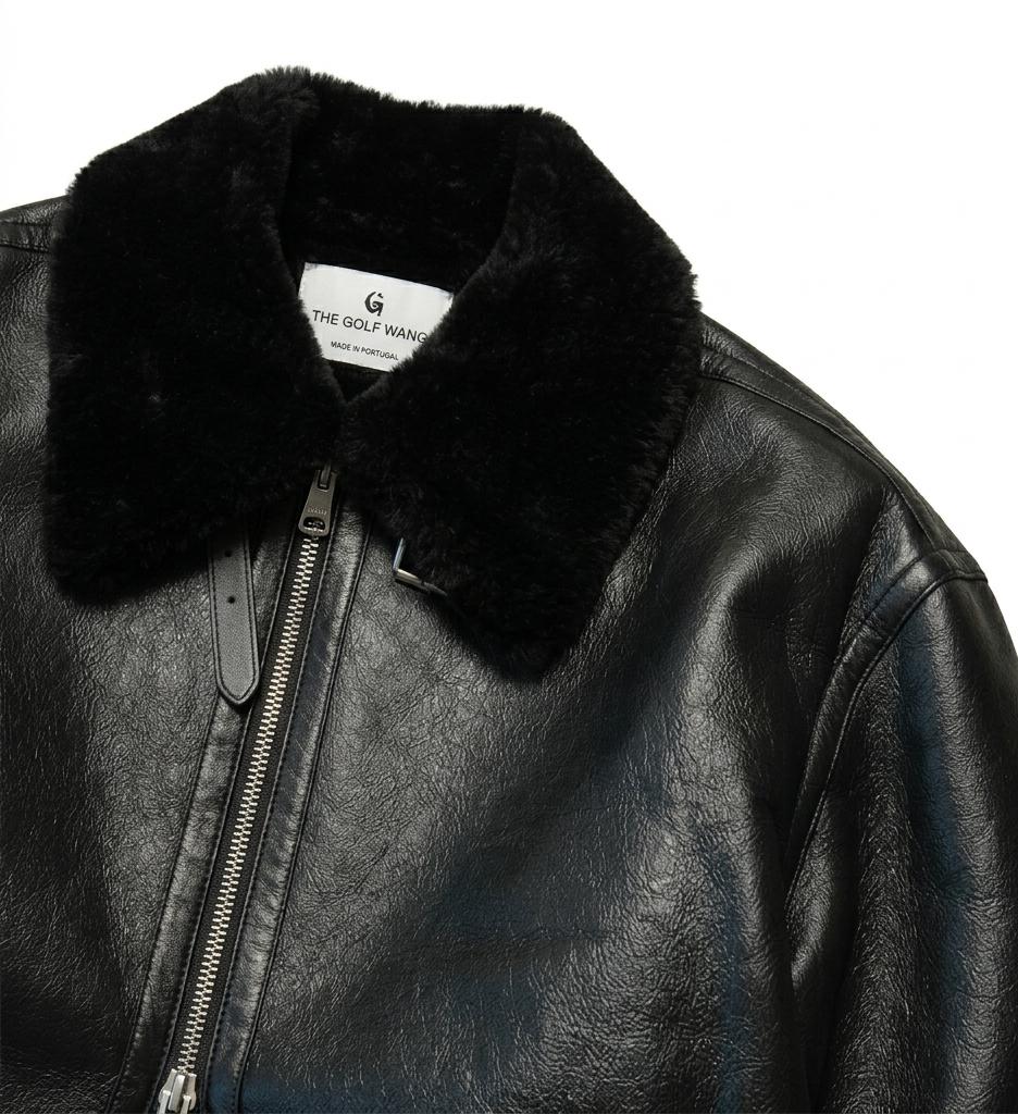 Men's Black Faux Leather Aviator Jacket | Sherpa Lined Bomber Coat - Image 6