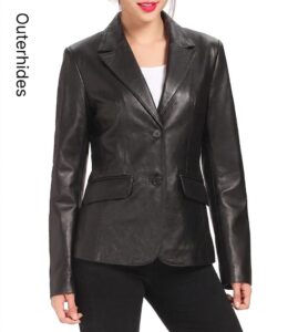 Black Lambskin Leather Blazer | Women's Tailored Jacket, 90s Vintage Style