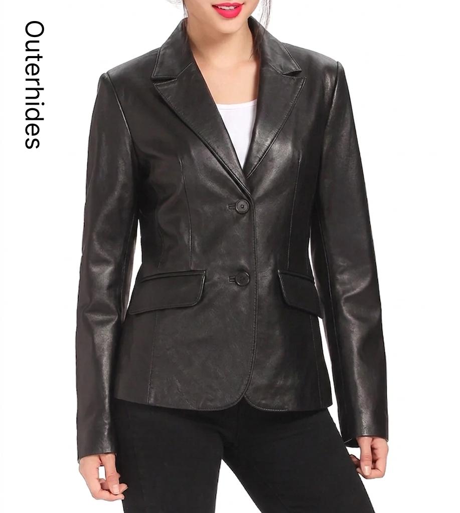 Black Lambskin Leather Blazer | Women's Tailored Jacket, 90s Vintage Style
