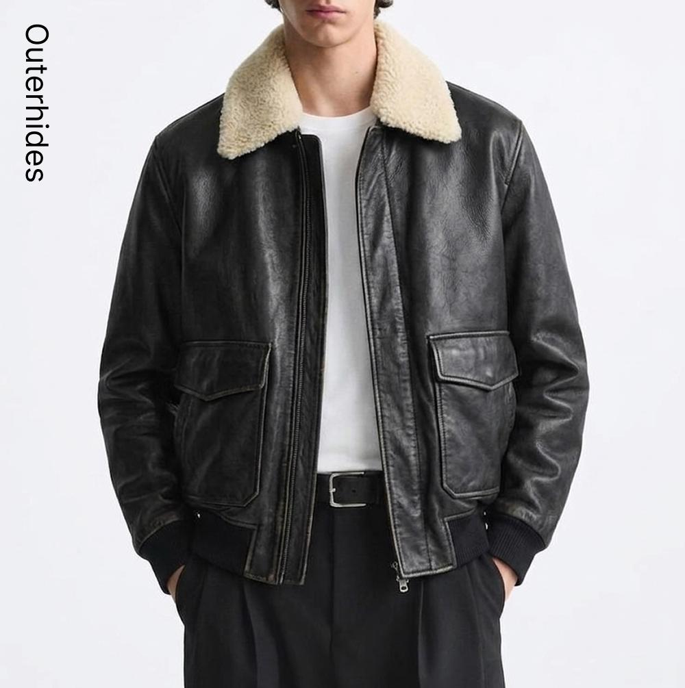 Men's Black Leather Bomber Jacket | G-1 Aviator Flight Coat, Shearling Collar