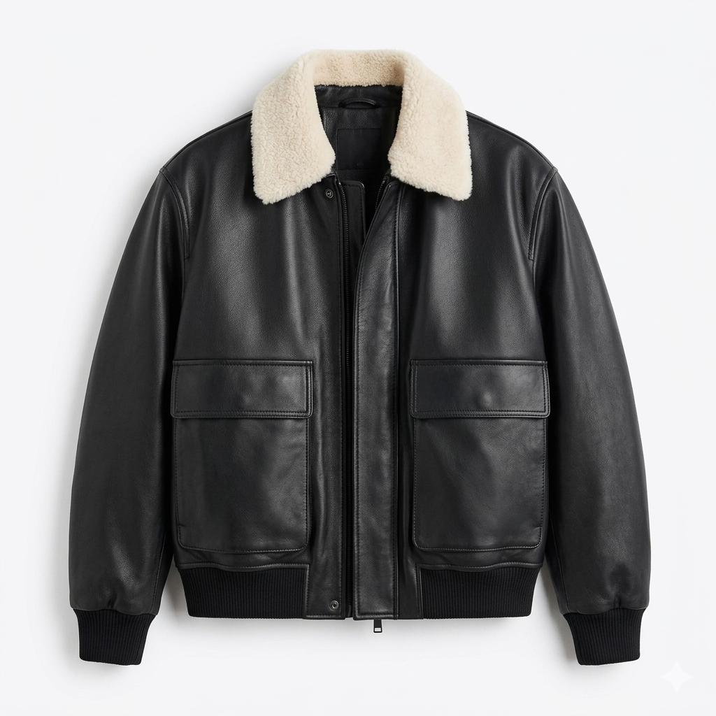 Men's Black Leather Bomber Jacket | G-1 Aviator Flight Coat, Shearling Collar - Image 3