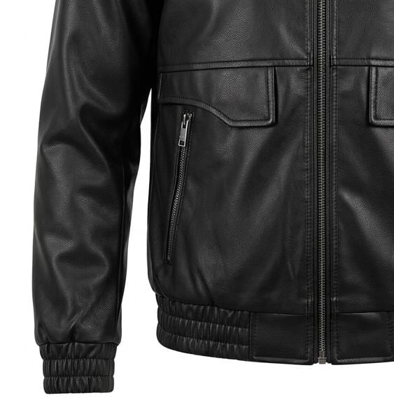 Men's Black Textured Leather Bomber Jacket: Stand Collar Streetwear Outerwear - Image 7