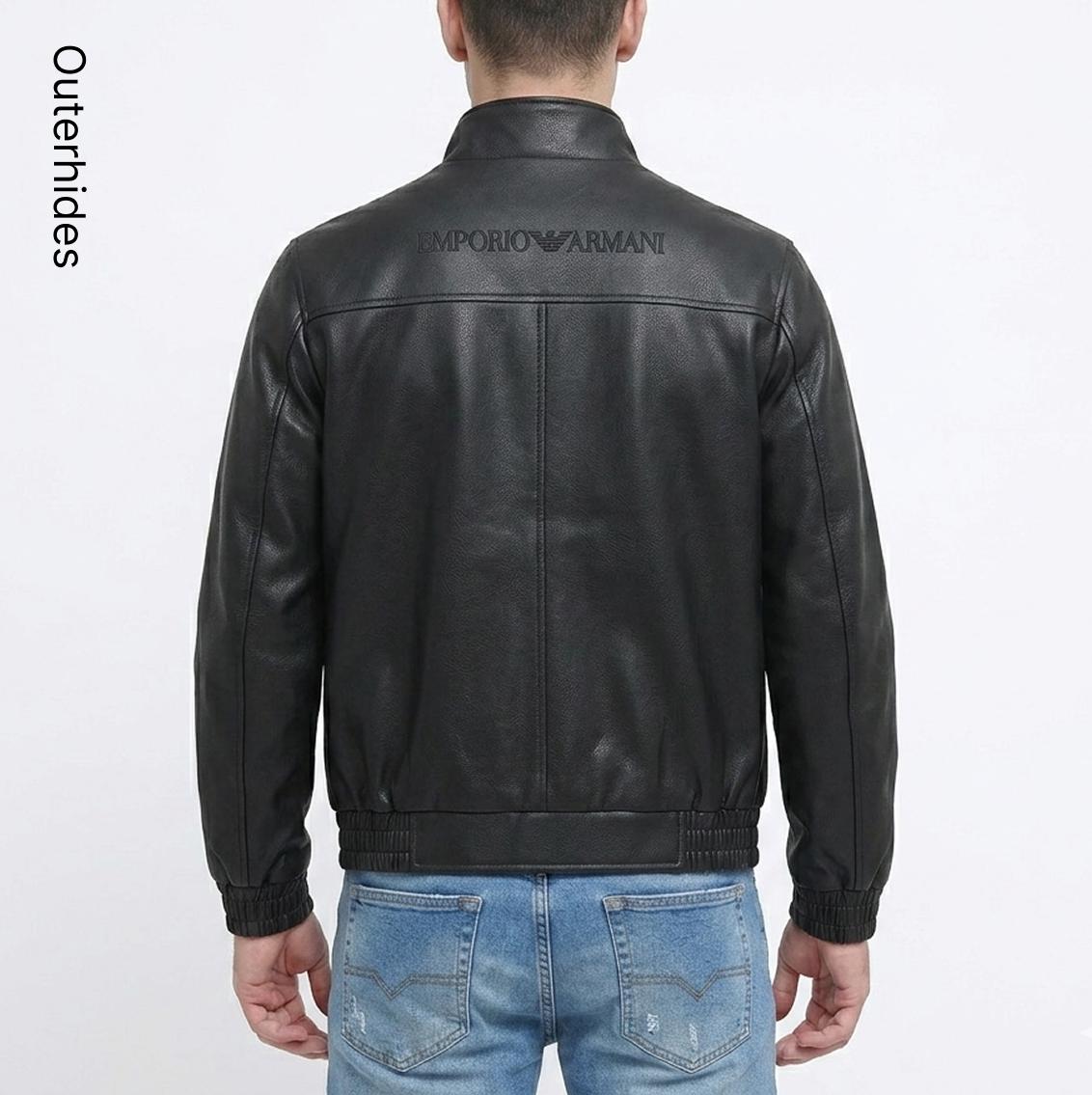Men's Black Textured Leather Bomber Jacket: Stand Collar Streetwear Outerwear - Image 3