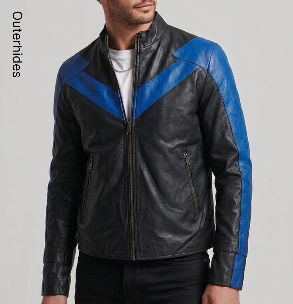 Men's Black Leather Bomber Jacket with Blue Accents | Streetwear Outerwear