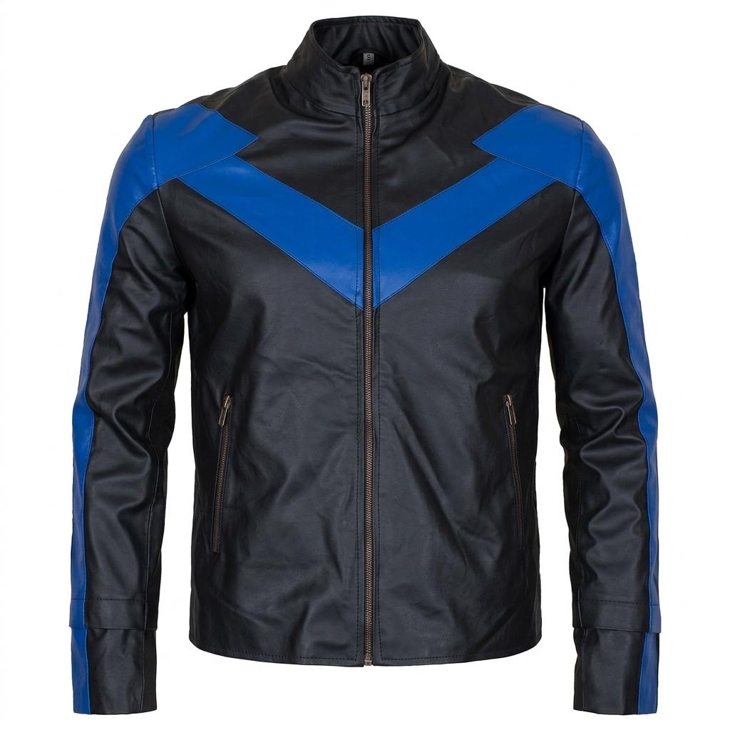 Men's Black Leather Bomber Jacket with Blue Accents | Streetwear Outerwear - Image 4