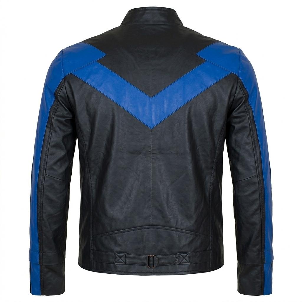 Men's Black Leather Bomber Jacket with Blue Accents | Streetwear Outerwear - Image 5