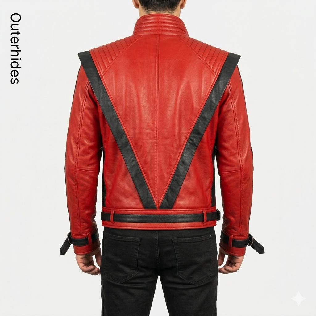 Red Leather Thriller Jacket | MJ V-Stripe Biker Cosplay Costume - Image 3