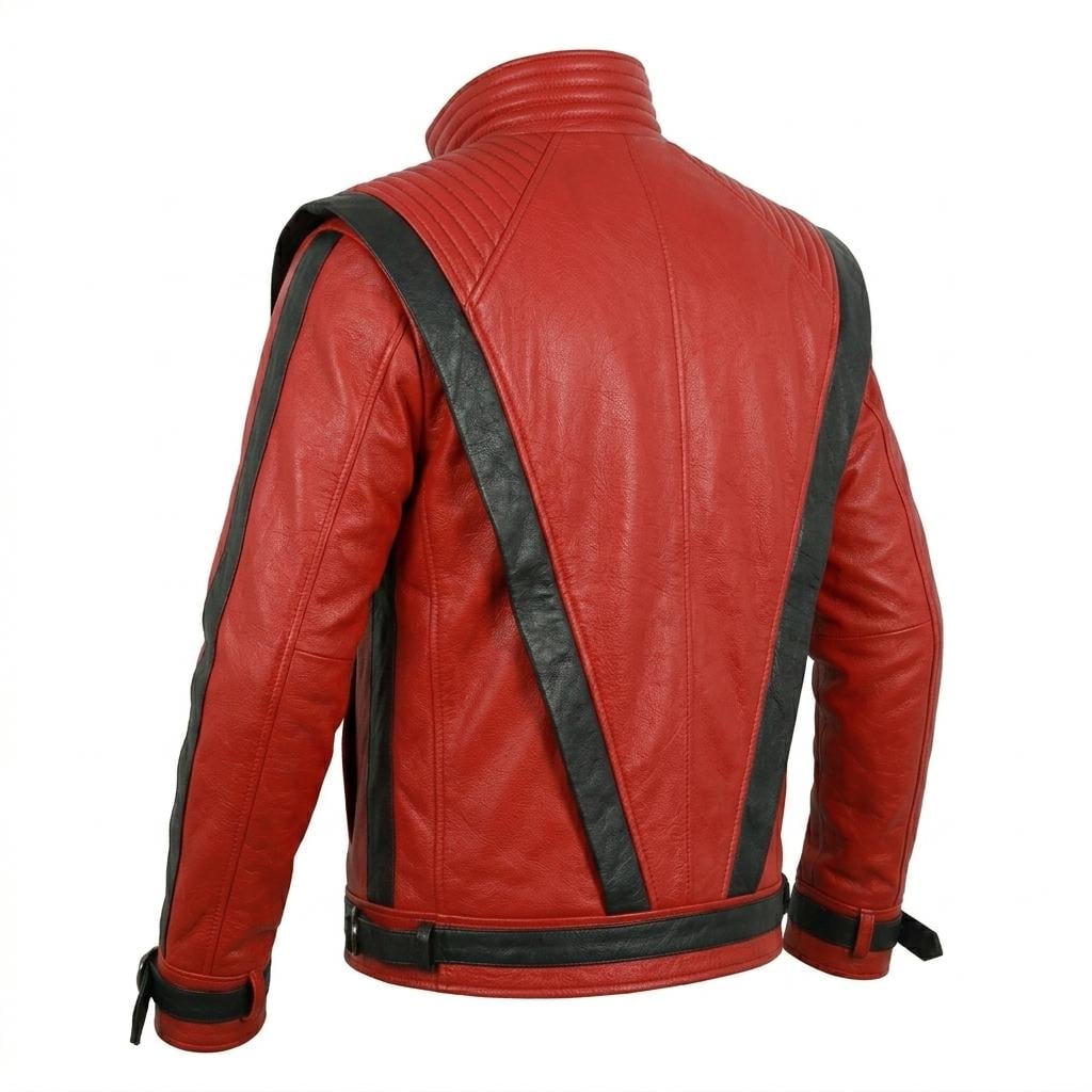 Red Leather Thriller Jacket | MJ V-Stripe Biker Cosplay Costume - Image 6
