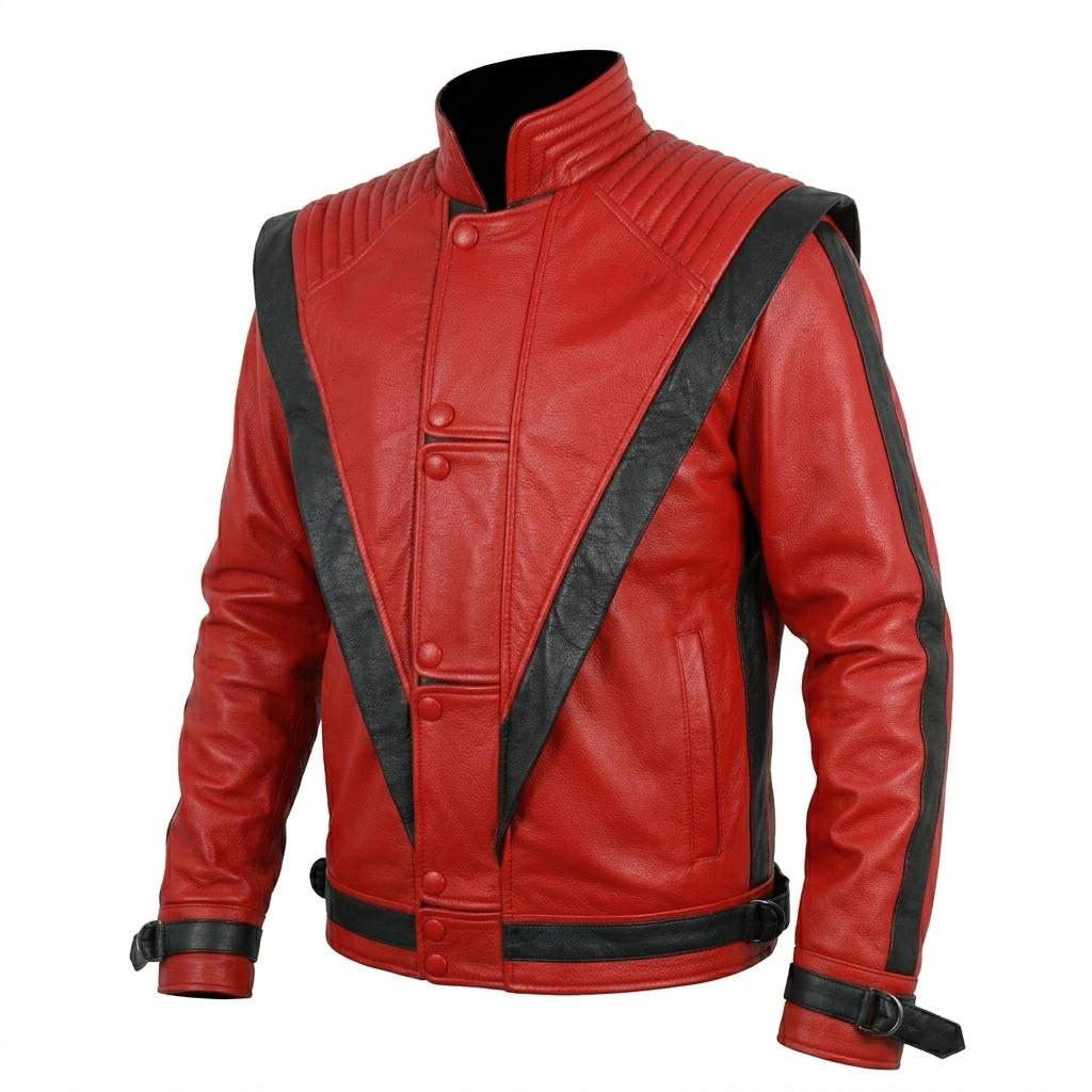 Red Leather Thriller Jacket | MJ V-Stripe Biker Cosplay Costume - Image 5