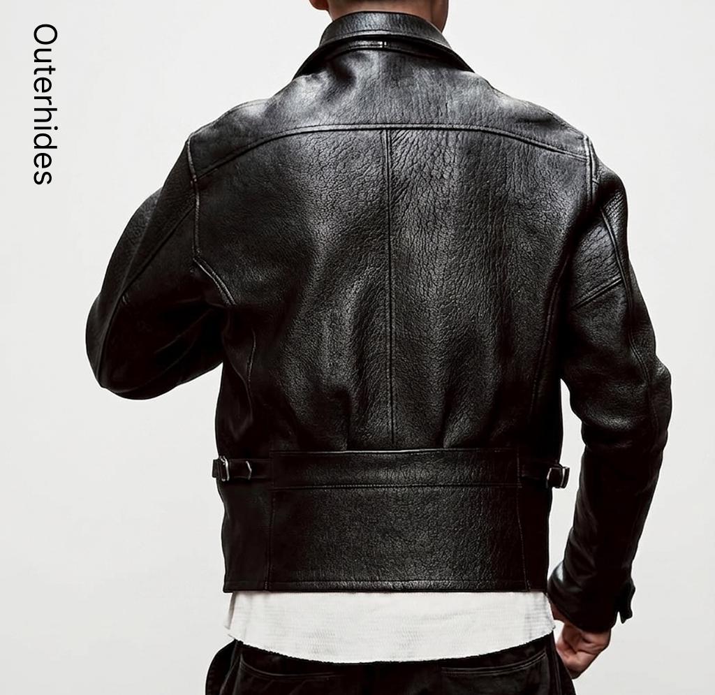 Men's Black Cafe Racer Leather Jacket | Shrunken Grain Cowhide Moto Biker Style - Image 3