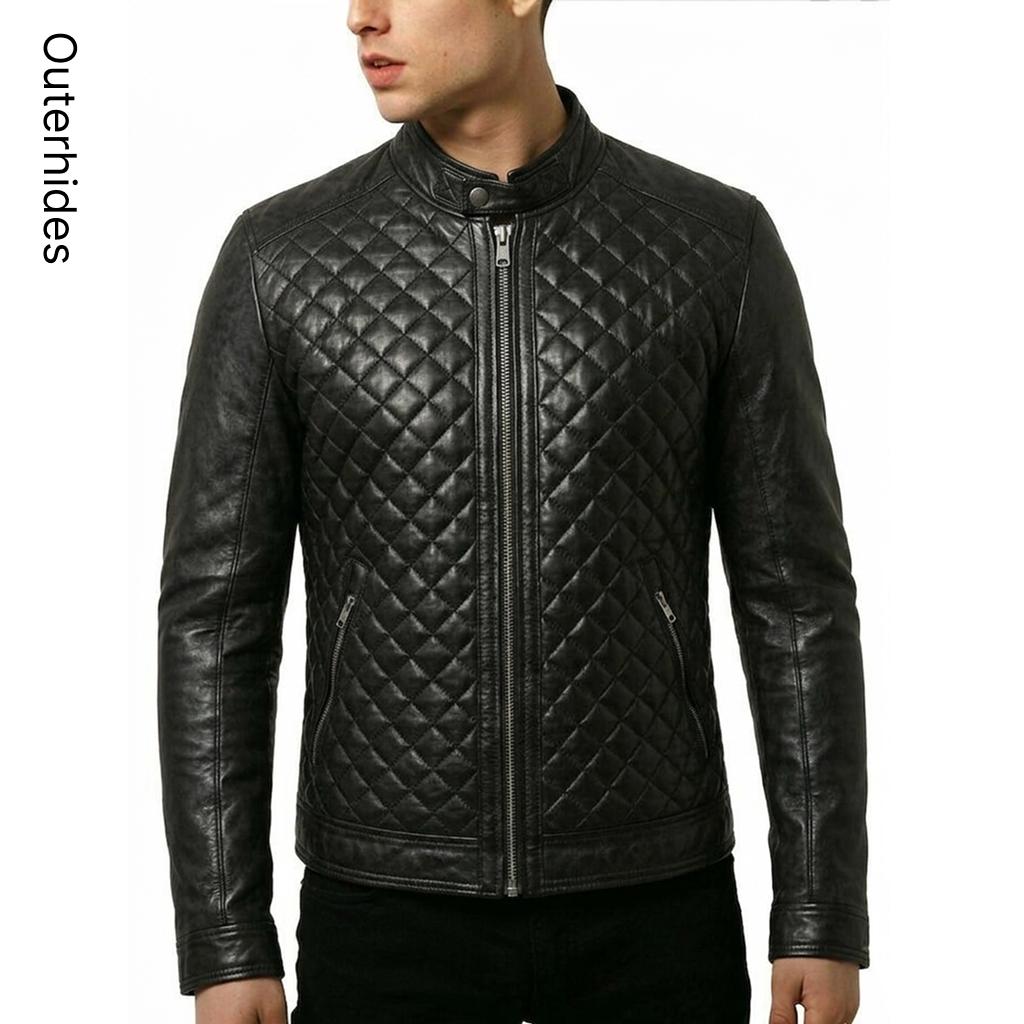 Men's Black Quilted Leather Biker Jacket | Slim Fit Moto Cafe Racer