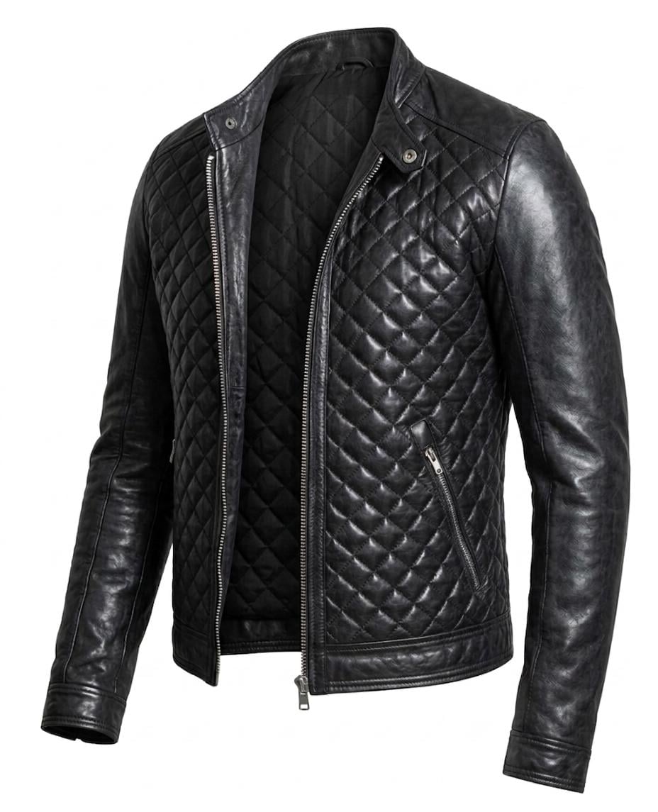 Men's Black Quilted Leather Biker Jacket | Slim Fit Moto Cafe Racer - Image 4