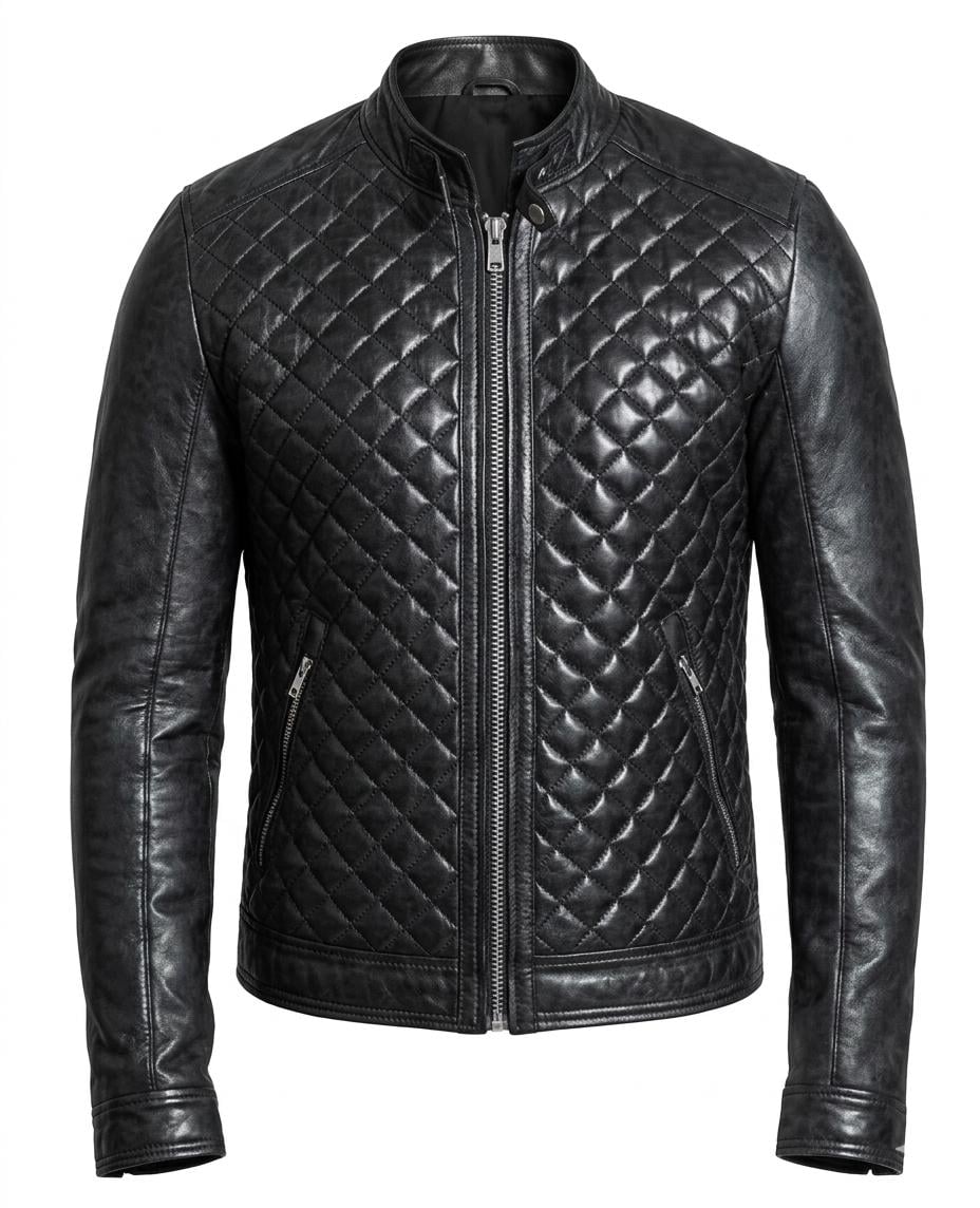 Men's Black Quilted Leather Biker Jacket | Slim Fit Moto Cafe Racer - Image 5