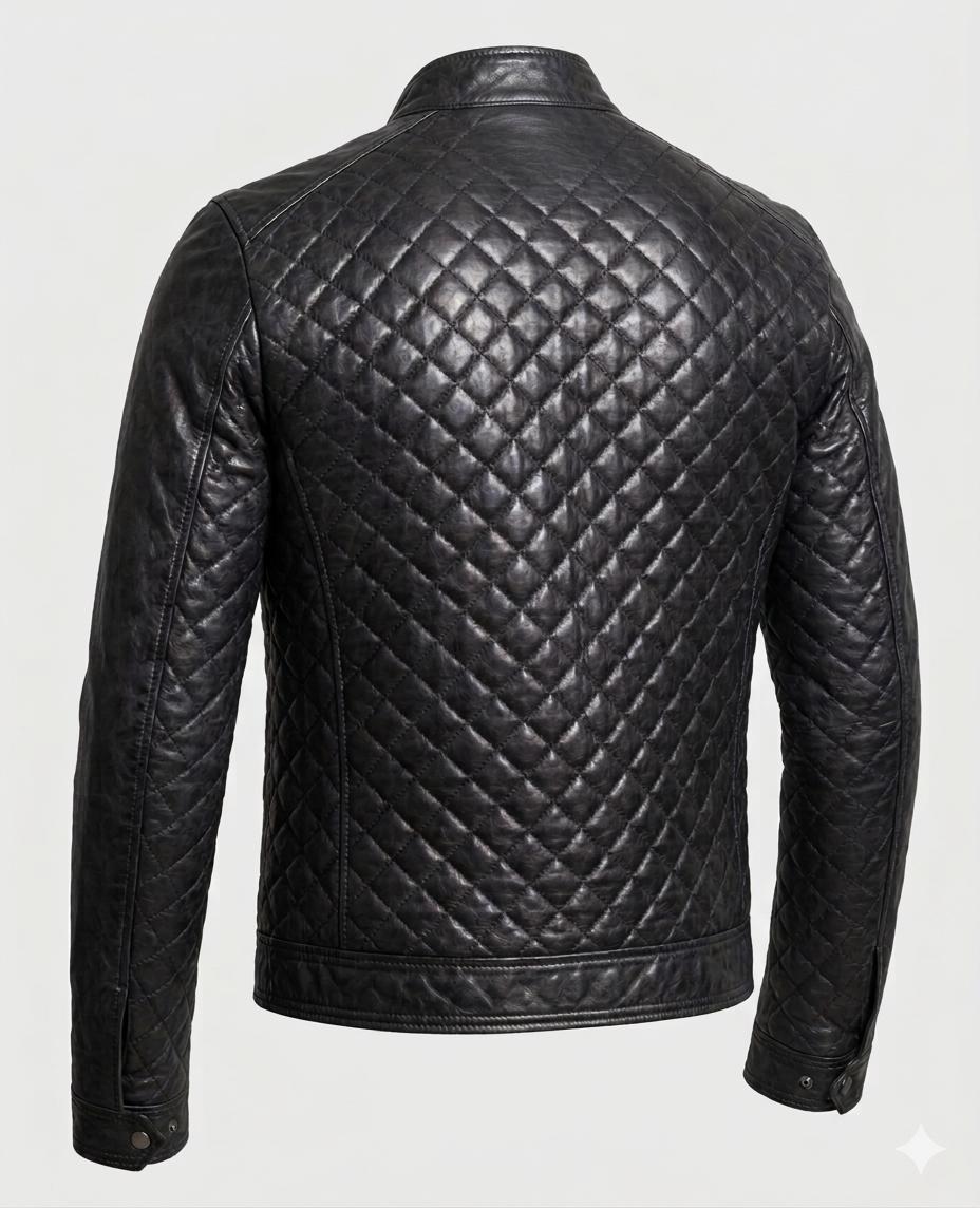 Men's Black Quilted Leather Biker Jacket | Slim Fit Moto Cafe Racer - Image 3