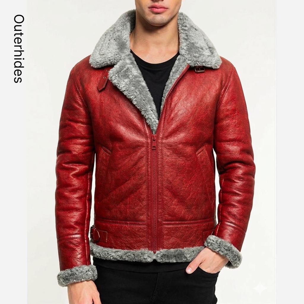 Men’s A2 Bomber Jacket – Christmas Holiday Red Leather Aviator with Fur Lining