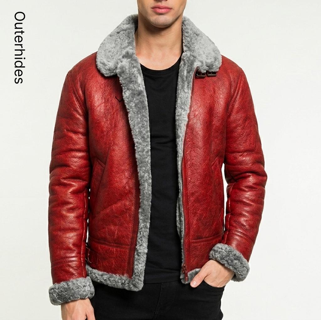 Men’s A2 Bomber Jacket – Christmas Holiday Red Leather Aviator with Fur Lining