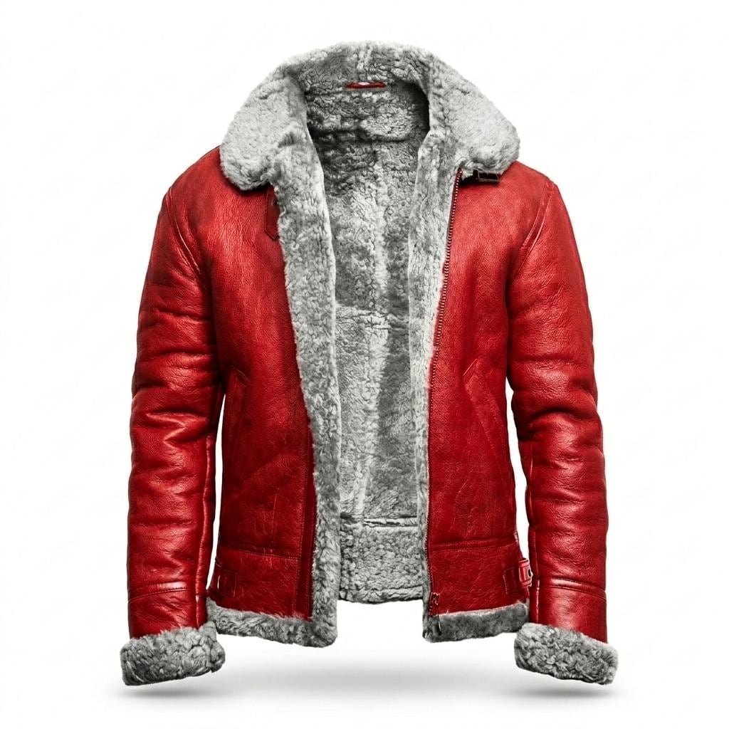 Men’s A2 Bomber Jacket – Christmas Holiday Red Leather Aviator with Fur Lining