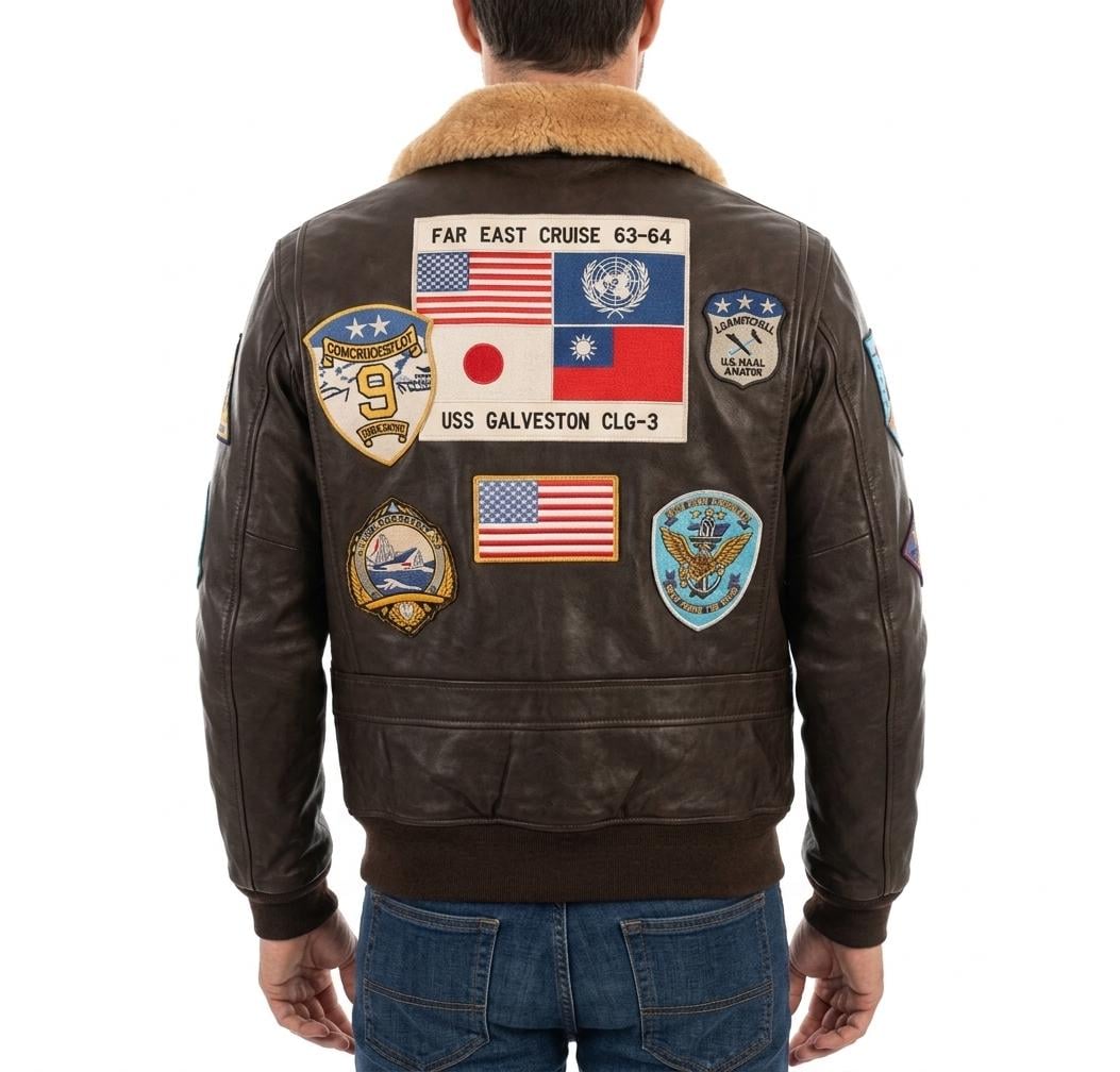 Men's G-1 Flight Jacket: Real Leather Bomber, Maverick Aviator Patches, Shearling Collar