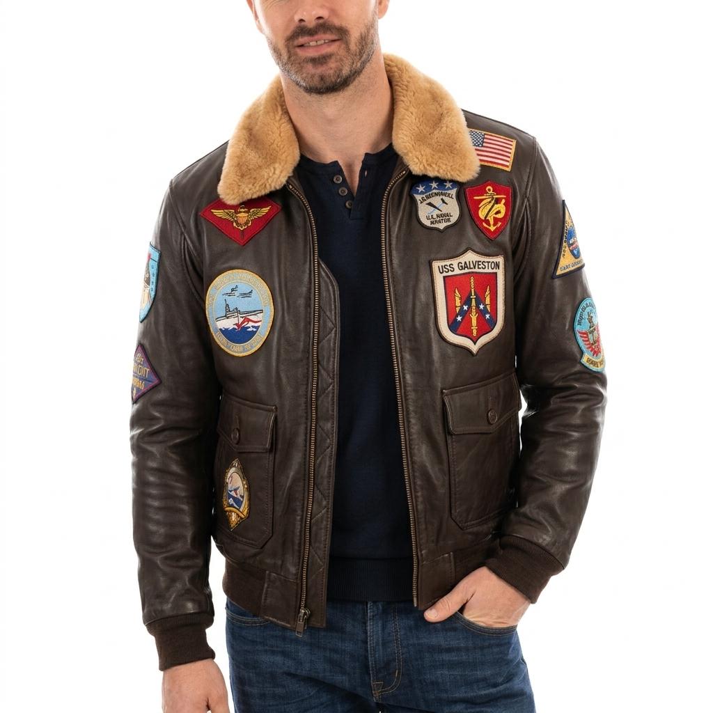 Men's G-1 Flight Jacket: Real Leather Bomber, Maverick Aviator Patches, Shearling Collar