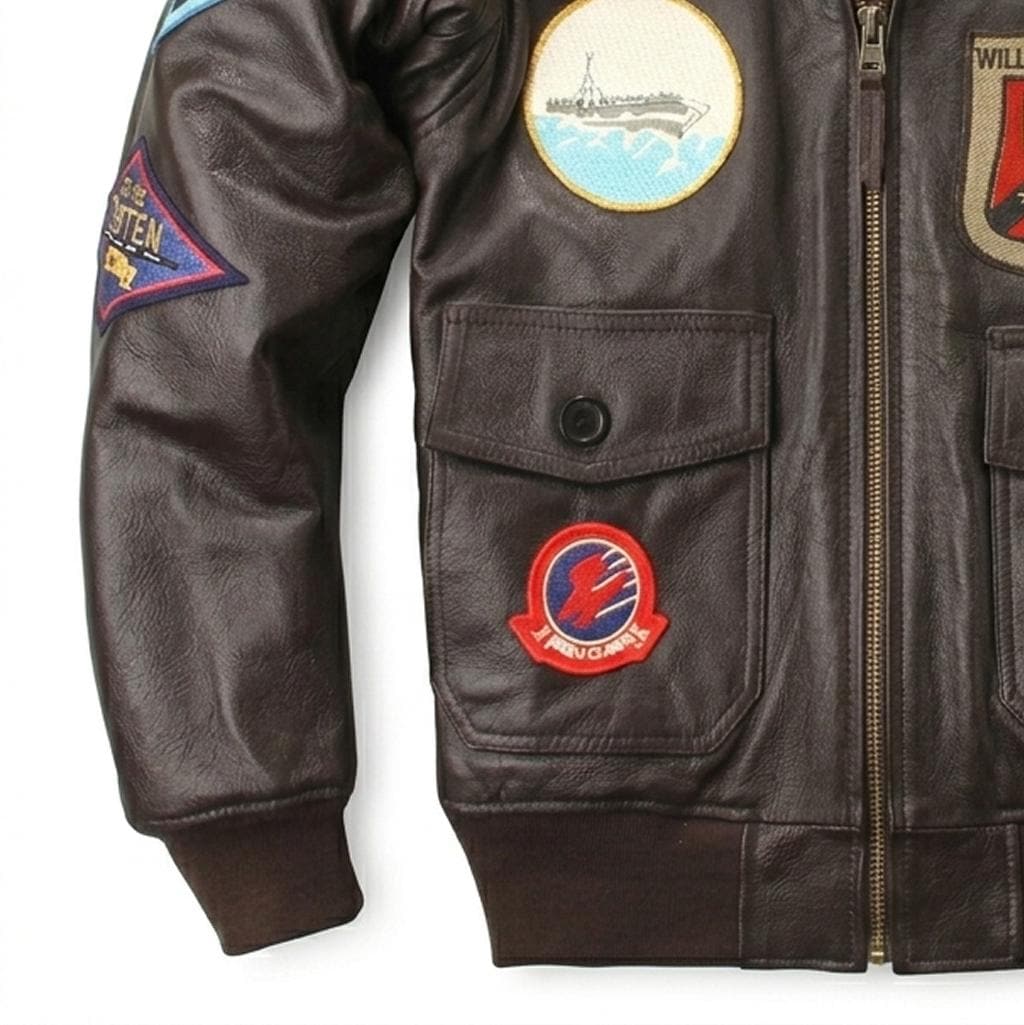 Men's G-1 Flight Jacket: Real Leather Bomber, Maverick Aviator Patches, Shearling Collar